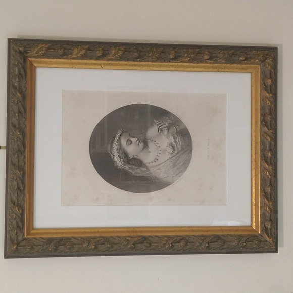 Antique engraving lithograph romantic beautiful woman bride Gold leaf frame